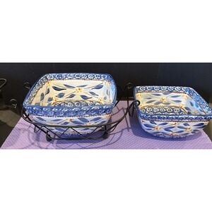 Temptations Old World Blue Floral 2 Square Serving Nesting Bowls Metal‎ Stand